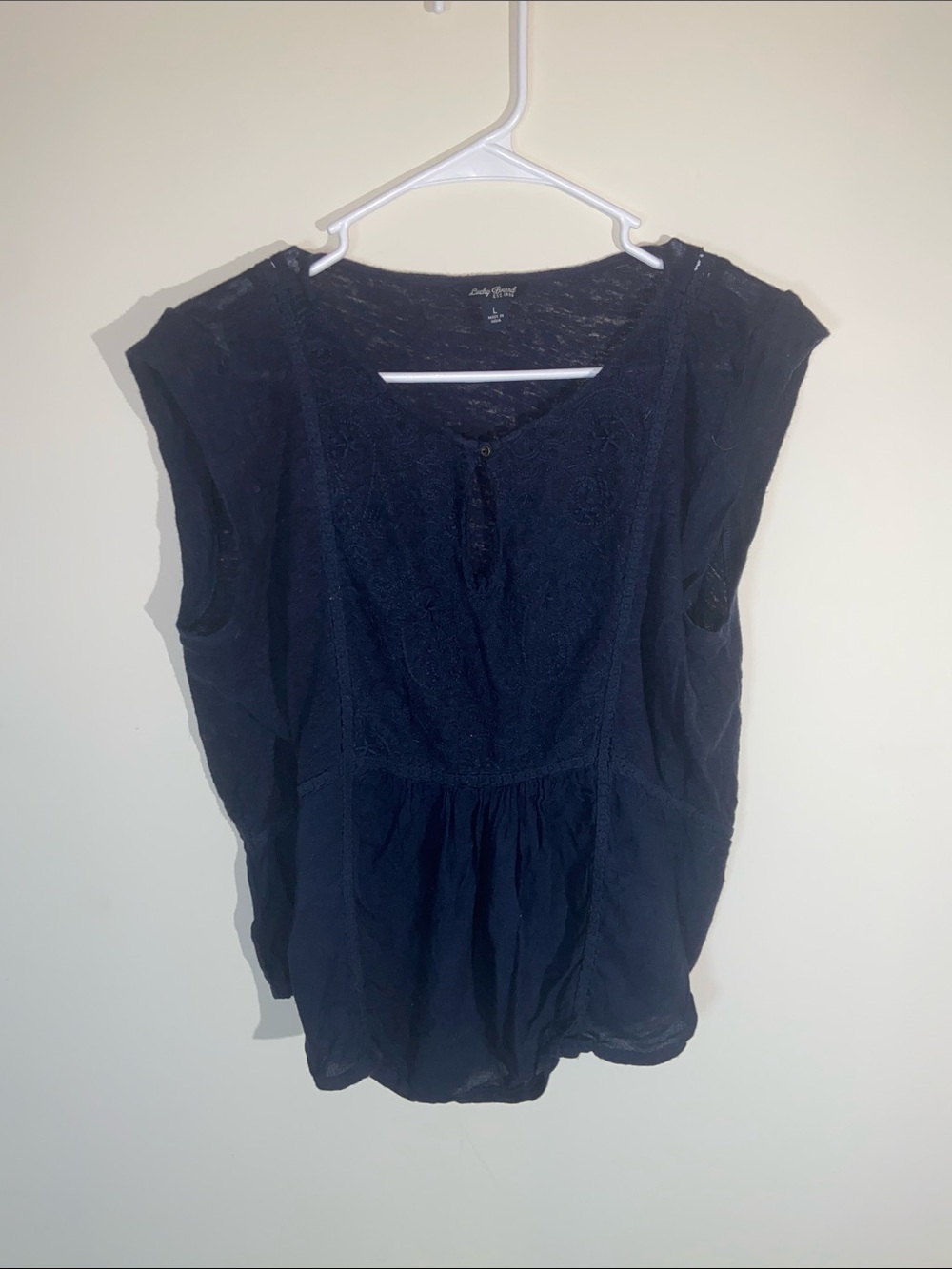 Lucky Brand Navy Lace-Detail Cap-Sleeve Blouse Size L